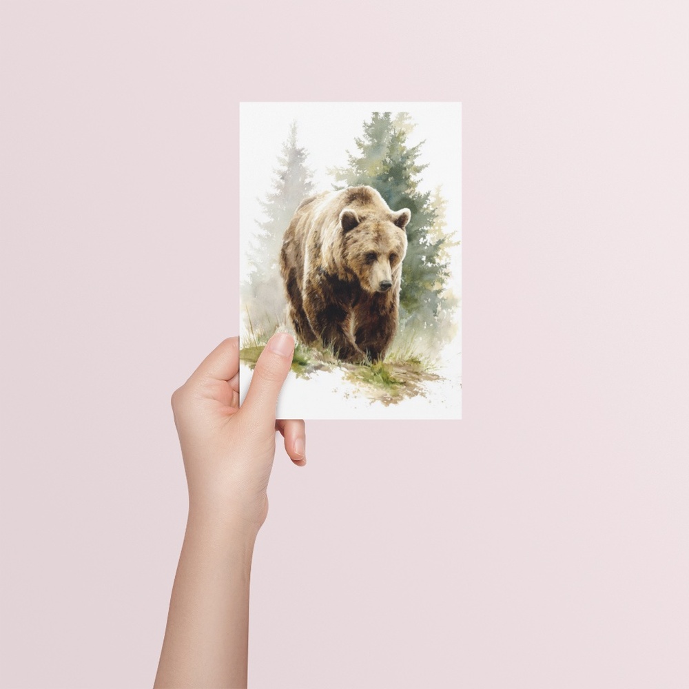 Watercolor Brown Bear Forest Wall Art Print, Unframed Misty Grizzly Illustration - Picture 5 of 5